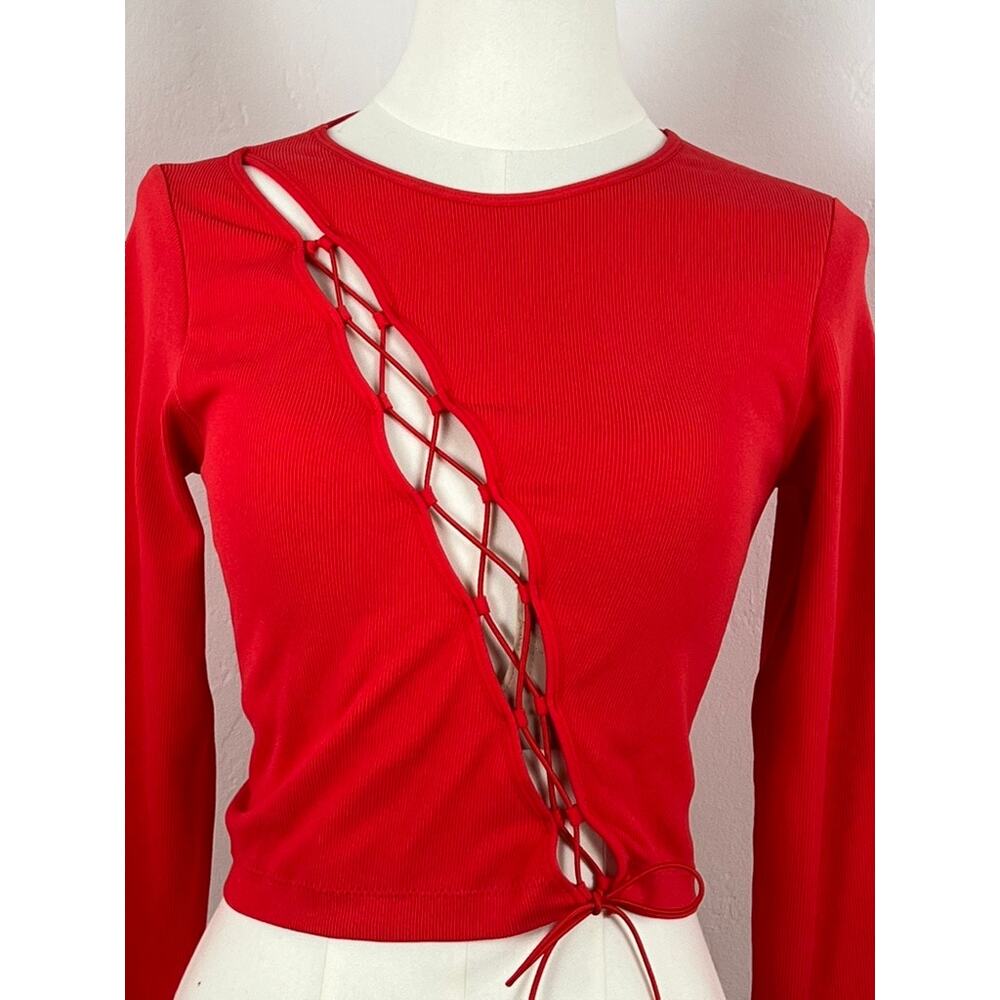 GARAGE Orange Red Ribbed Stretch Long-sleeve Top (Womens: Med)